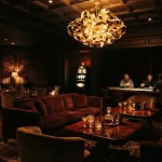 An elegant velvet lounge beneath a golden chandelier, with a softly lit slot machine in the background