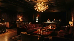 An elegant velvet lounge beneath a golden chandelier, with a softly lit slot machine in the background