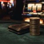 Stacks of unmarked metallic crypto tokens on a dark gaming table, with a softly glowing slot machine behind them