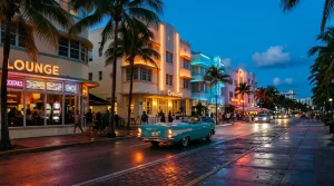 Neon-lit Miami seafront with pastel Art Deco buildings, palms and a small slot machine in a lounge window