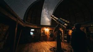 Open observatory dome beneath a star-filled sky with a warmly illuminated arcade cabinet in the background