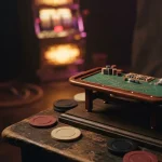 Miniature felt gaming table beside oversized chips, with a softly lit slot cabinet in a dark neon lounge.