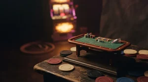 Miniature felt gaming table beside oversized chips, with a softly lit slot cabinet in a dark neon lounge.
