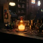 Glowing potion bottles on a dark alchemist