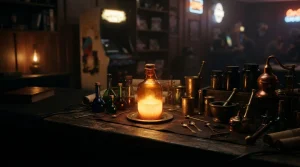Glowing potion bottles on a dark alchemist