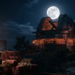 A moonlit observatory beneath a luminous full moon, with a softly glowing arcade cabinet in the background