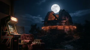 A moonlit observatory beneath a luminous full moon, with a softly glowing arcade cabinet in the background