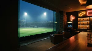 Floodlit cricket stadium at dusk with a small arcade cabinet and trophy shelf in a warm neon-lit lounge