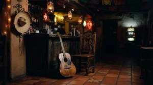 An acoustic guitar and empty wooden chair in a warmly lit Mexican cantina, with a discreet slot machine in the background