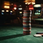 Tall stack of plain casino chips on a green gaming table, with a warmly lit arcade cabinet in the background