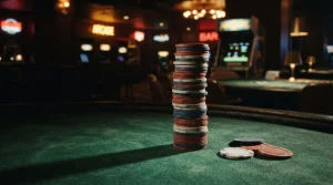 Tall stack of plain casino chips on a green gaming table, with a warmly lit arcade cabinet in the background