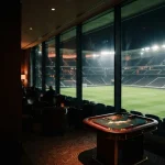 Floodlit sports stadium seen from a dark hospitality lounge with warm neon accents and a slot machine in the background