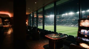 Floodlit sports stadium seen from a dark hospitality lounge with warm neon accents and a slot machine in the background