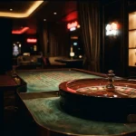 A polished roulette wheel in a warmly lit dark studio, with a softly glowing trophy display in the background