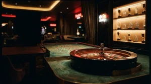 A polished roulette wheel in a warmly lit dark studio, with a softly glowing trophy display in the background