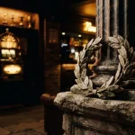 A marble laurel wreath resting beside an ancient stone column, with a softly glowing slot machine in a dark lounge behind it