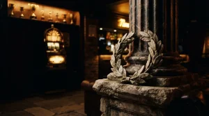 A marble laurel wreath resting beside an ancient stone column, with a softly glowing slot machine in a dark lounge behind it