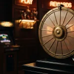 An ornate brass spinning prize wheel under warm neon lighting, with a vintage arcade cabinet in the background