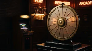 An ornate brass spinning prize wheel under warm neon lighting, with a vintage arcade cabinet in the background
