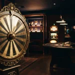 An antique golden fortune wheel in a dark velvet lounge, with a glowing slot cabinet and trophy shelf in the background