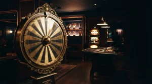 An antique golden fortune wheel in a dark velvet lounge, with a glowing slot cabinet and trophy shelf in the background