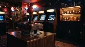 Oversized vintage arcade joystick beside glowing cabinets and a trophy shelf in a dramatic neon-lit gaming lounge