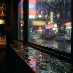 Rain falling on a dark arcade window, with warm neon reflections and a softly lit gaming cabinet beyond