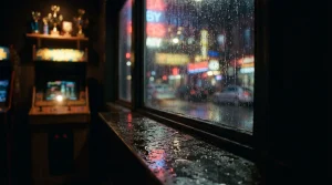 Rain falling on a dark arcade window, with warm neon reflections and a softly lit gaming cabinet beyond