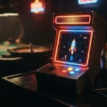 A tabletop rocket arcade game glows in a dark games lounge with a roulette table and trophy shelf behind it
