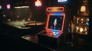 A tabletop rocket arcade game glows in a dark games lounge with a roulette table and trophy shelf behind it