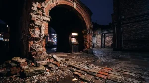 Partly demolished brick arcade arch in a dark courtyard, with warm neon lighting and a vintage game cabinet nearby