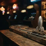 A miniature rocket poised at the start of a neon-lit arcade track with a trophy shelf glowing in the background