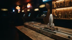 A miniature rocket poised at the start of a neon-lit arcade track with a trophy shelf glowing in the background