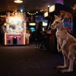 A kangaroo standing in a warmly lit neon arcade, with a glowing game cabinet and a quiet lounge behind it