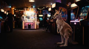 A kangaroo standing in a warmly lit neon arcade, with a glowing game cabinet and a quiet lounge behind it
