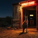A kangaroo seen from behind near a glowing night-time arcade, with a slot cabinet inside a dark lounge
