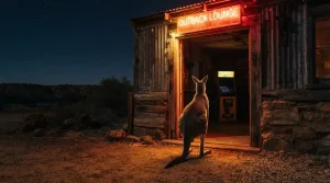 A kangaroo seen from behind near a glowing night-time arcade, with a slot cabinet inside a dark lounge