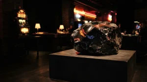 An illuminated obsidian rock displayed in a dark neon arcade lounge, with softly glowing gaming machines behind it