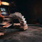 A close-up of playing cards being shuffled across a dark felt table, with a softly glowing arcade cabinet behind