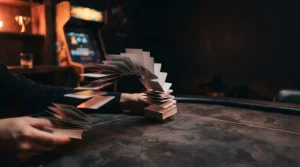 A close-up of playing cards being shuffled across a dark felt table, with a softly glowing arcade cabinet behind