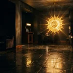 A glowing sun-like sculpture suspended over a dark lounge, with an illuminated arcade cabinet in the background