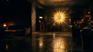 A glowing sun-like sculpture suspended over a dark lounge, with an illuminated arcade cabinet in the background