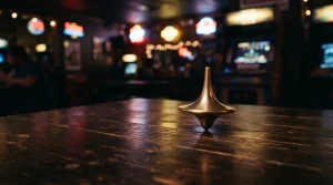 A polished metal spinning top turning on a dark gaming lounge table with a softly glowing arcade cabinet behind it