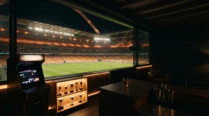 A floodlit football stadium beyond a dark games lounge with a vintage arcade cabinet and a trophy shelf
