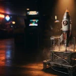 A miniature rocket on a cinematic launch platform, with a glowing arcade cabinet behind it in a dark gaming lounge