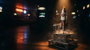 A miniature rocket on a cinematic launch platform, with a glowing arcade cabinet behind it in a dark gaming lounge