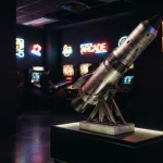 A model rocket poised for launch beside a glowing arcade cabinet in a dark, cinematic entertainment lounge