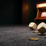 Ivory dice rolling across a dark felt gaming table, with an illuminated arcade cabinet in the cinematic background