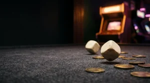 Ivory dice rolling across a dark felt gaming table, with an illuminated arcade cabinet in the cinematic background