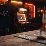 A small vintage rocket on a miniature runway, with a softly glowing arcade cabinet in a dark entertainment lounge